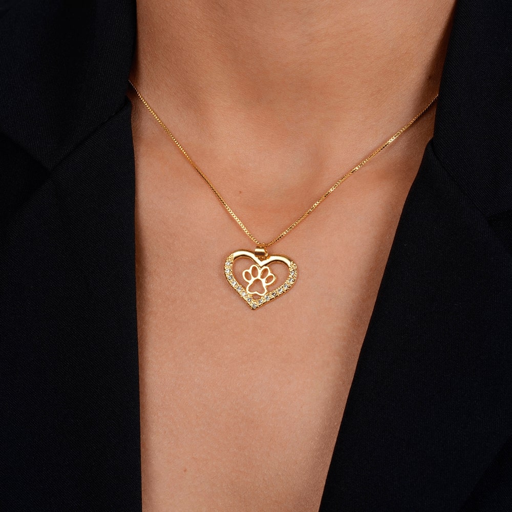 Colar Dourado Coração com Pata Pet e Zircônias