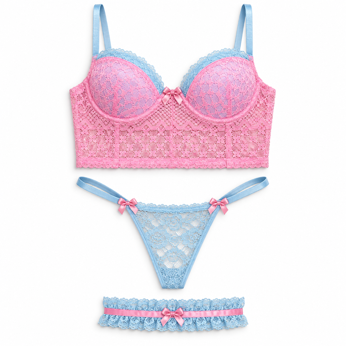 Conjunto Algodão Doce em Renda Bicolor com Bojo e Perneira