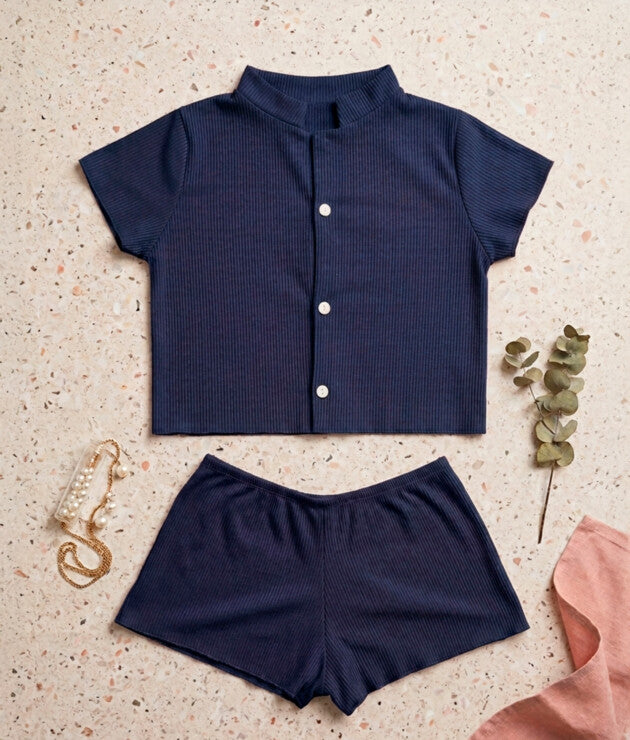 Short Doll Canelado Estilo Americano com Botões