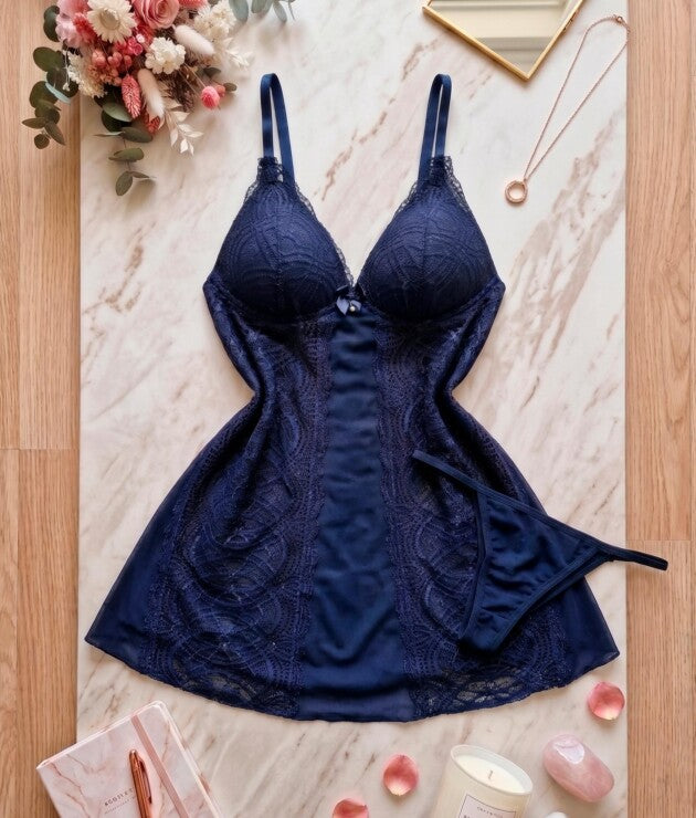 Camisola Sensual em Tule e Renda com Bojo e Calcinha