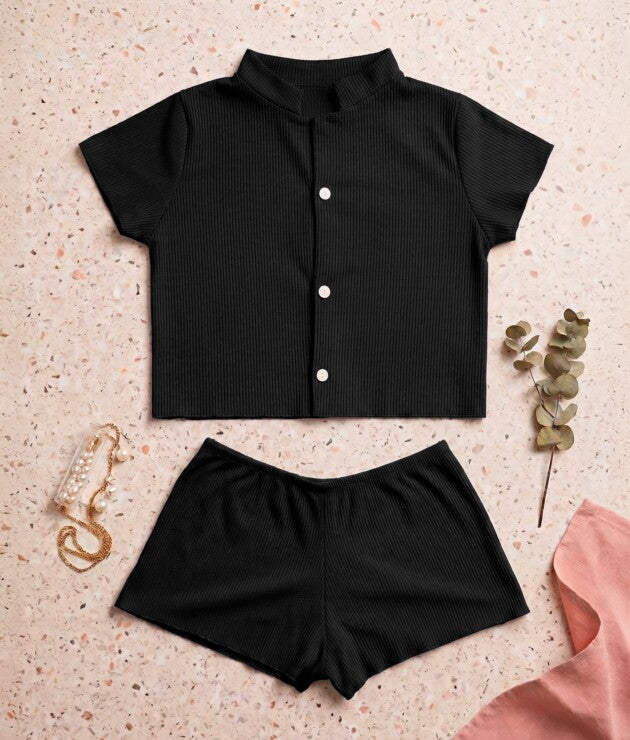 Short Doll Canelado Estilo Americano com Botões