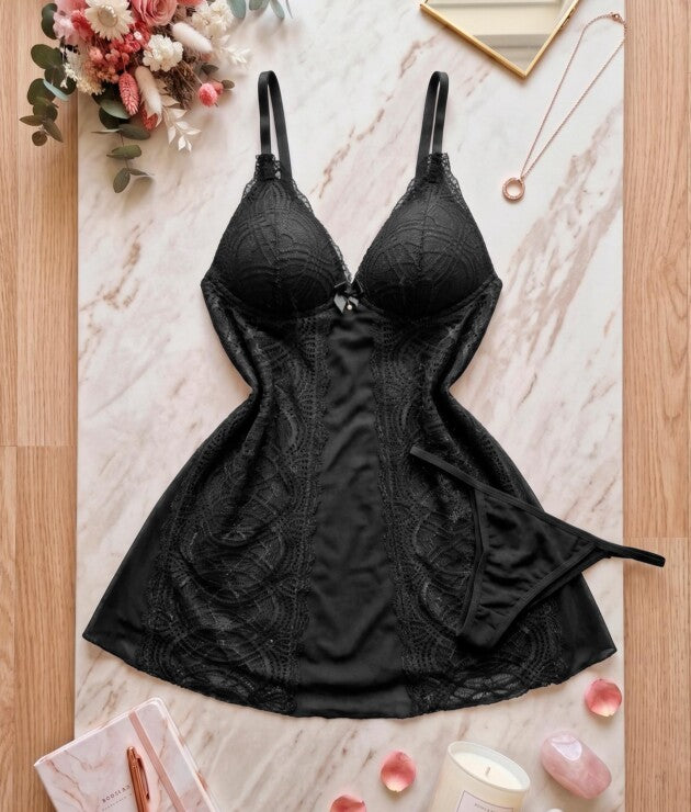 Camisola Sensual em Tule e Renda com Bojo e Calcinha