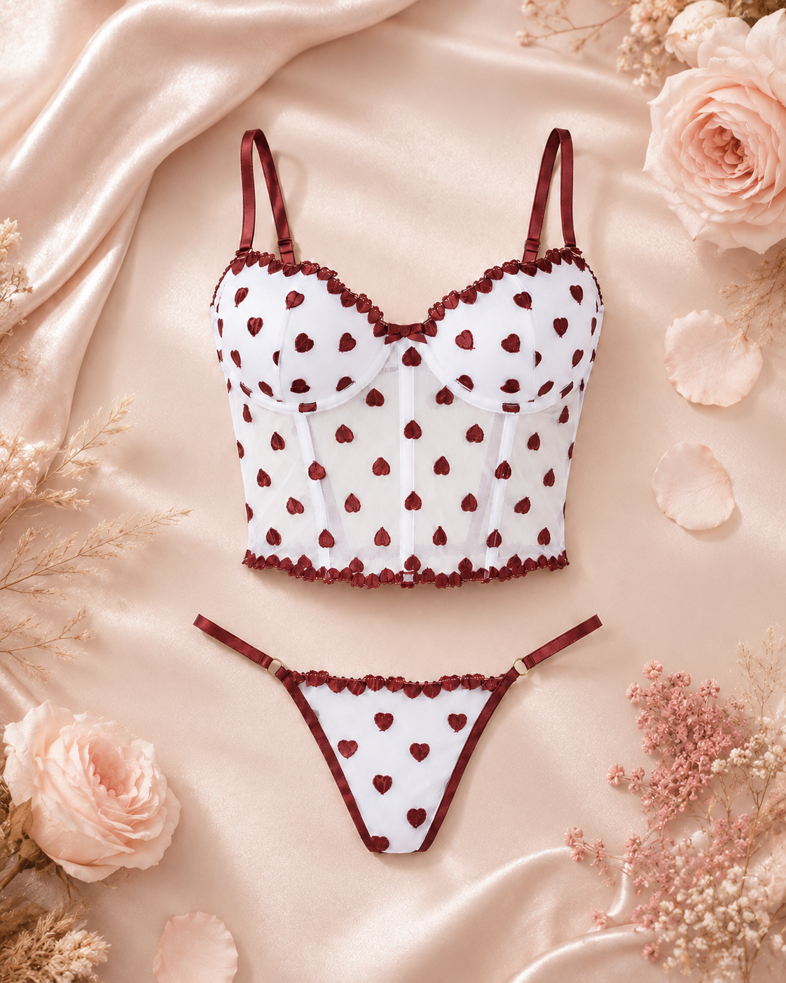 Conjunto Sensual em Tule Desenhado com Bojo e Fio Dental