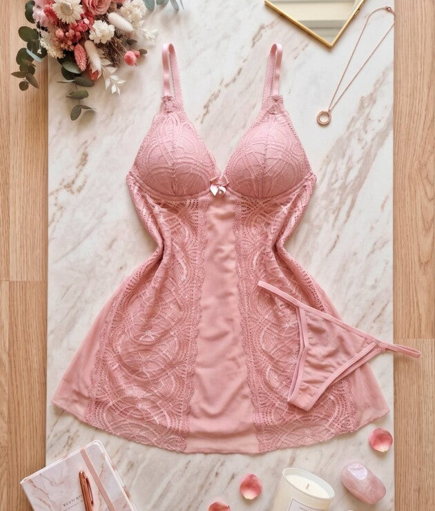 Camisola Sensual em Tule e Renda com Bojo e Calcinha