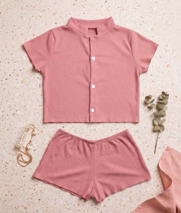 Short Doll Canelado Estilo Americano com Botões