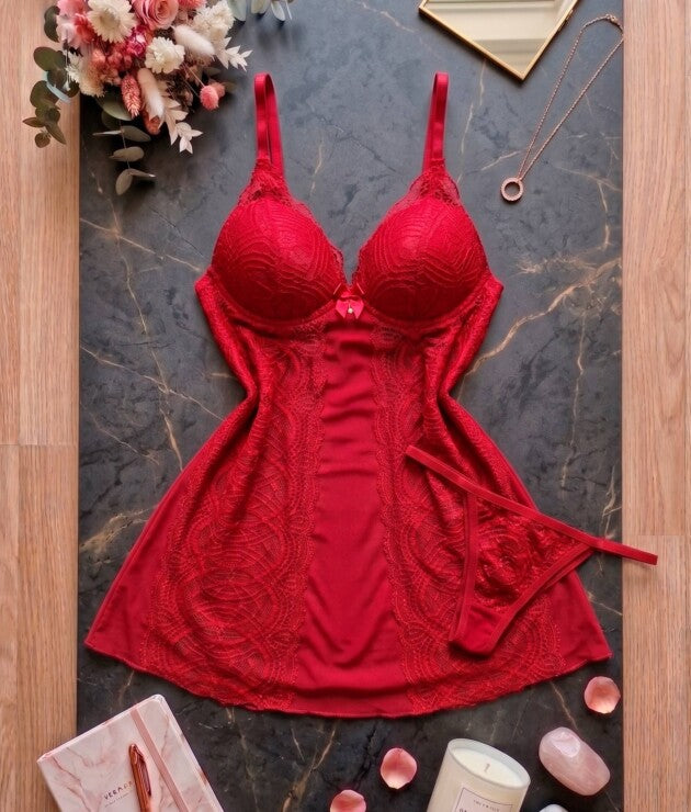 Camisola Sensual em Tule e Renda com Bojo e Calcinha