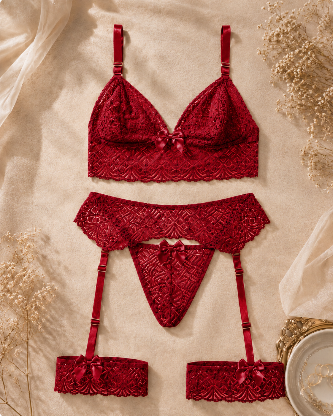 Conjunto Lingerie Sem Bojo em Renda com Cinta-Liga