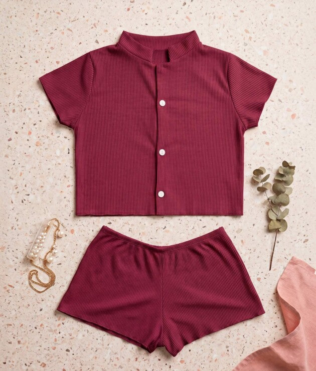 Short Doll Canelado Estilo Americano com Botões