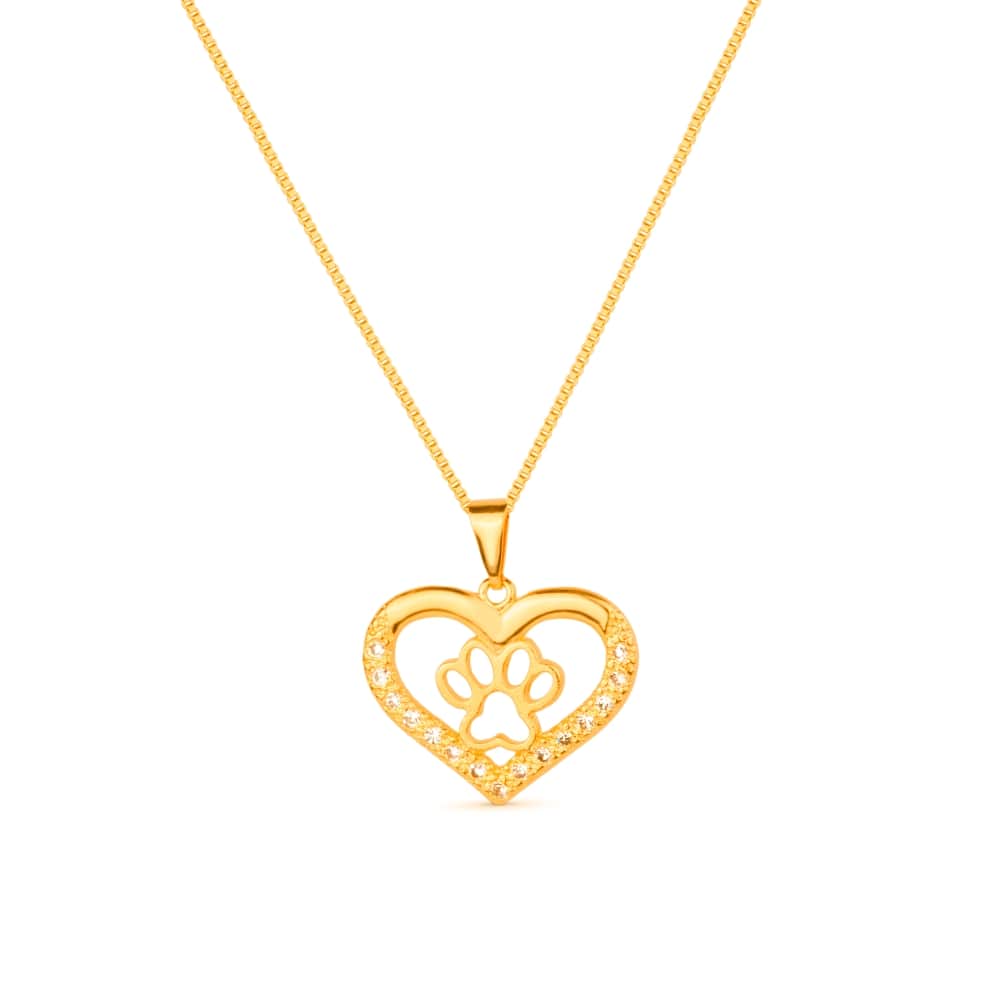 Colar Dourado Coração com Pata Pet e Zircônias