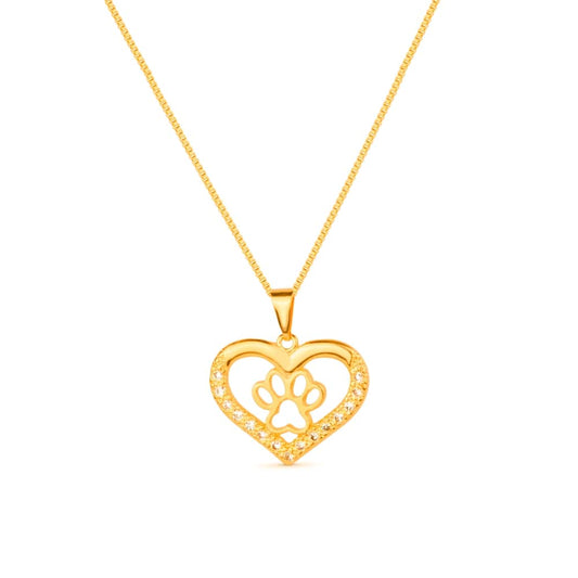 Colar Dourado Coração com Pata Pet e Zircônias