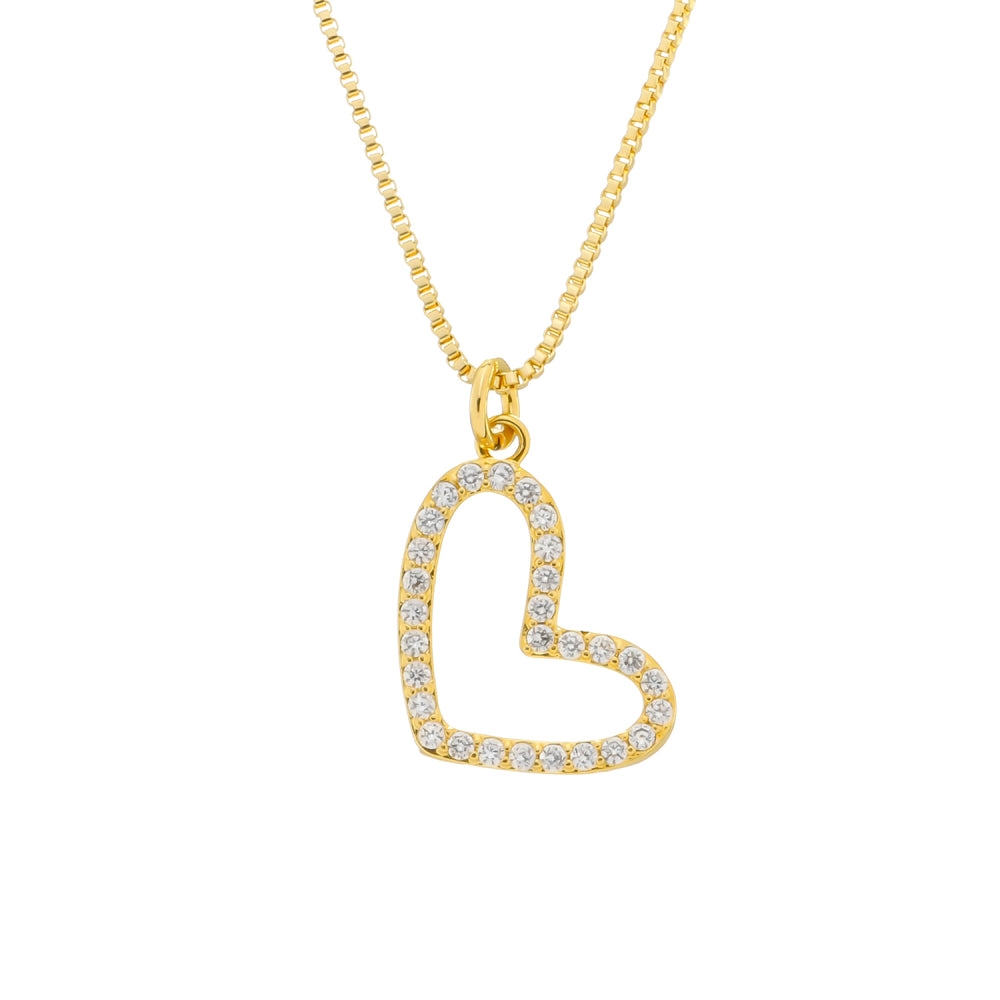 Colar Dourado Coração Vazado com Zircônias