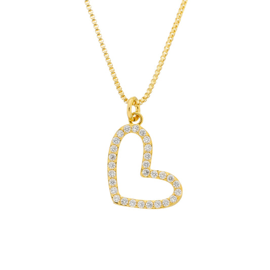 Colar Dourado Coração Vazado com Zircônias