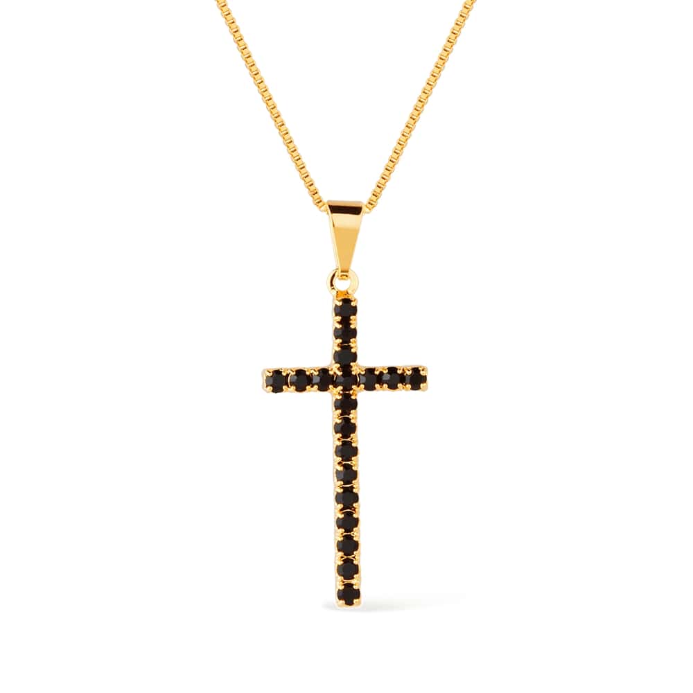 Colar Dourado de Cruz com Pedra Natural Negra