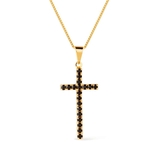 Colar Dourado de Cruz com Pedra Natural Negra