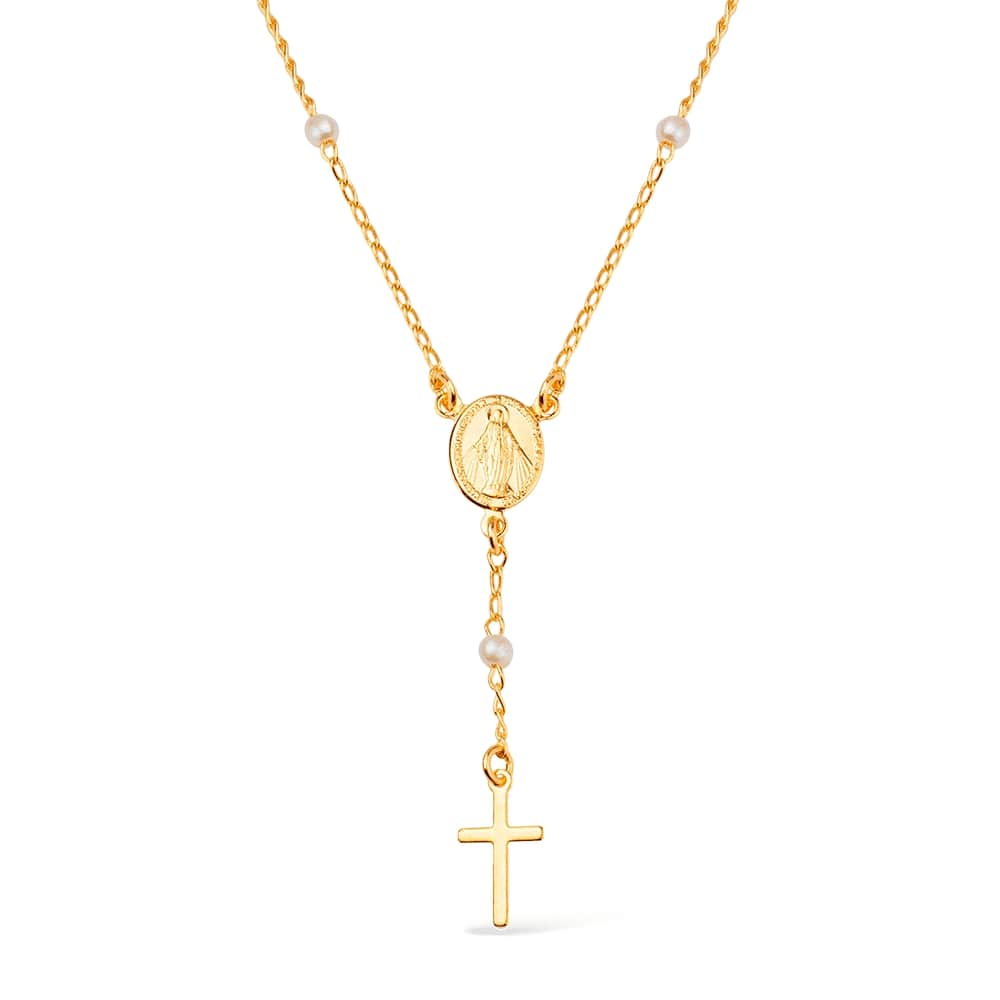 Colar Dourado Terço com Medalha, Cruz e Pérolas
