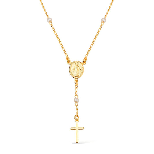 Colar Dourado Terço com Medalha, Cruz e Pérolas